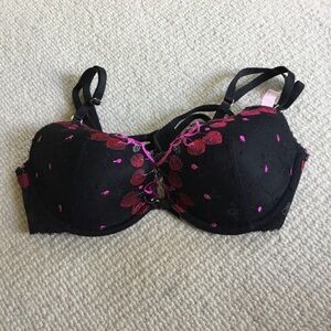Victoria's Secret Black Lace Bra with Pink & Red Floral Embroidery